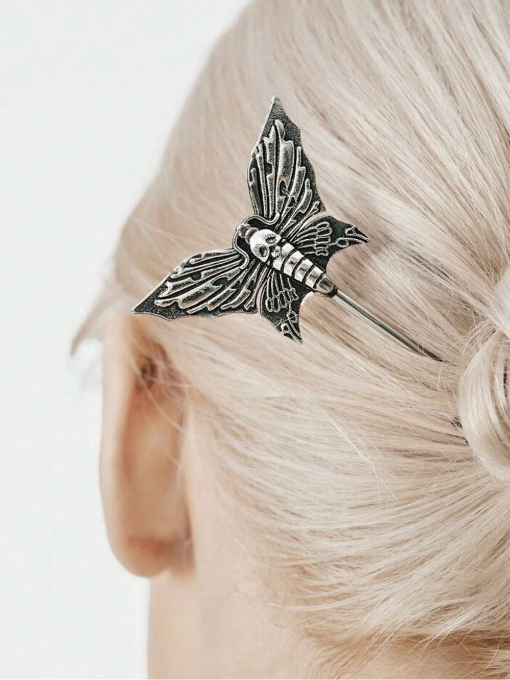 Gothic Death Moth Antique Silver Tone Hair Pin Engraved detailing NWT